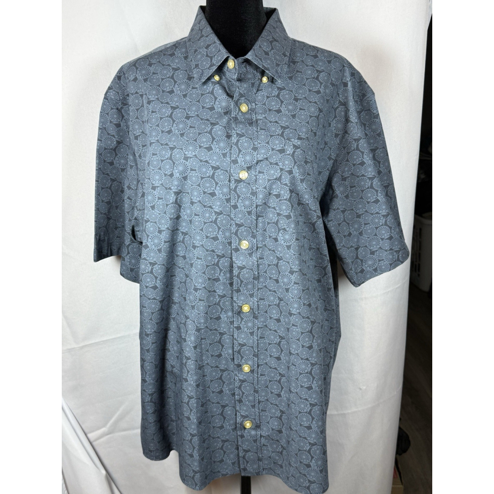 Orvis Button Up Shirt Mens Large Blue Geometric Medallion Print Short Sleeve